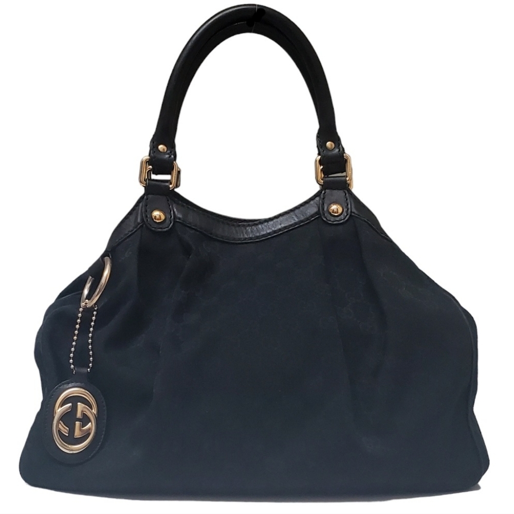 GUCCI Monogram GG Sukey Canvas with Leather Bag in Black